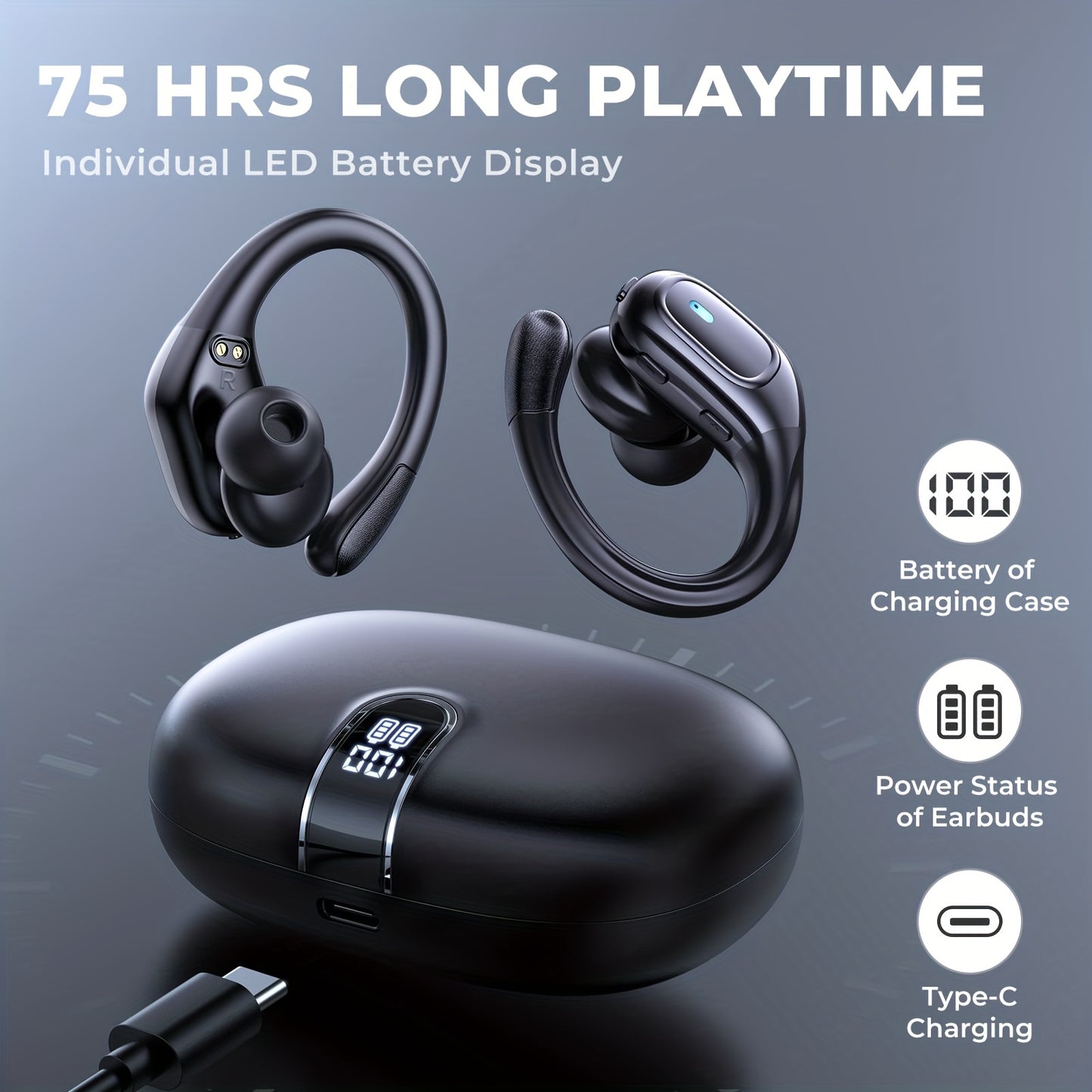 LIFEBEE Wireless Earphones - Stereo Audio, ENC Noise Cancelling, LED Display, Built-in Mic, Over-Ear Headphones for Running & Sports