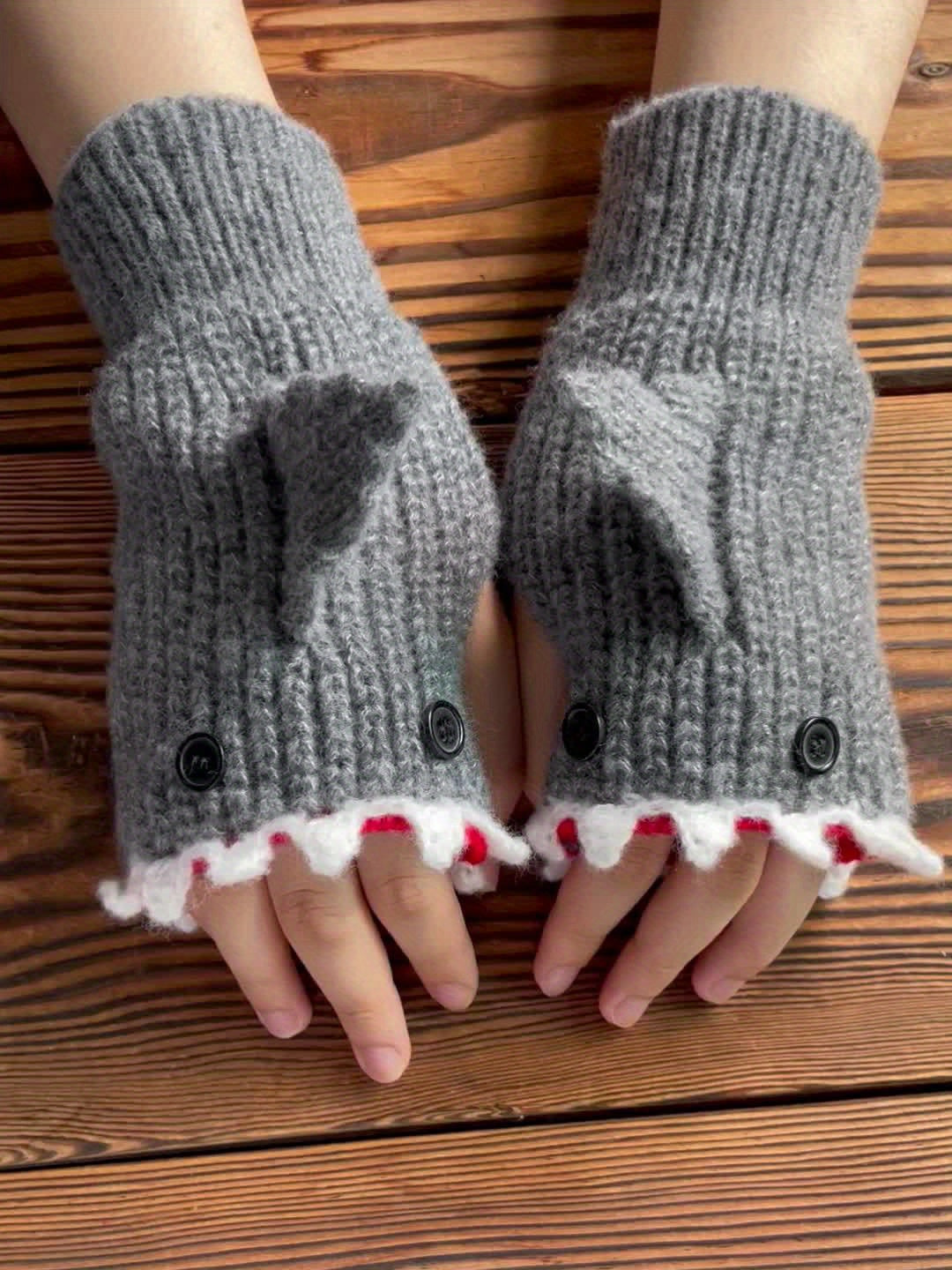 1pair Funny Handmade Shark Gloves - Wool Winter Warm Half-finger Gloves for Christmas Gifts for stocking stuffers