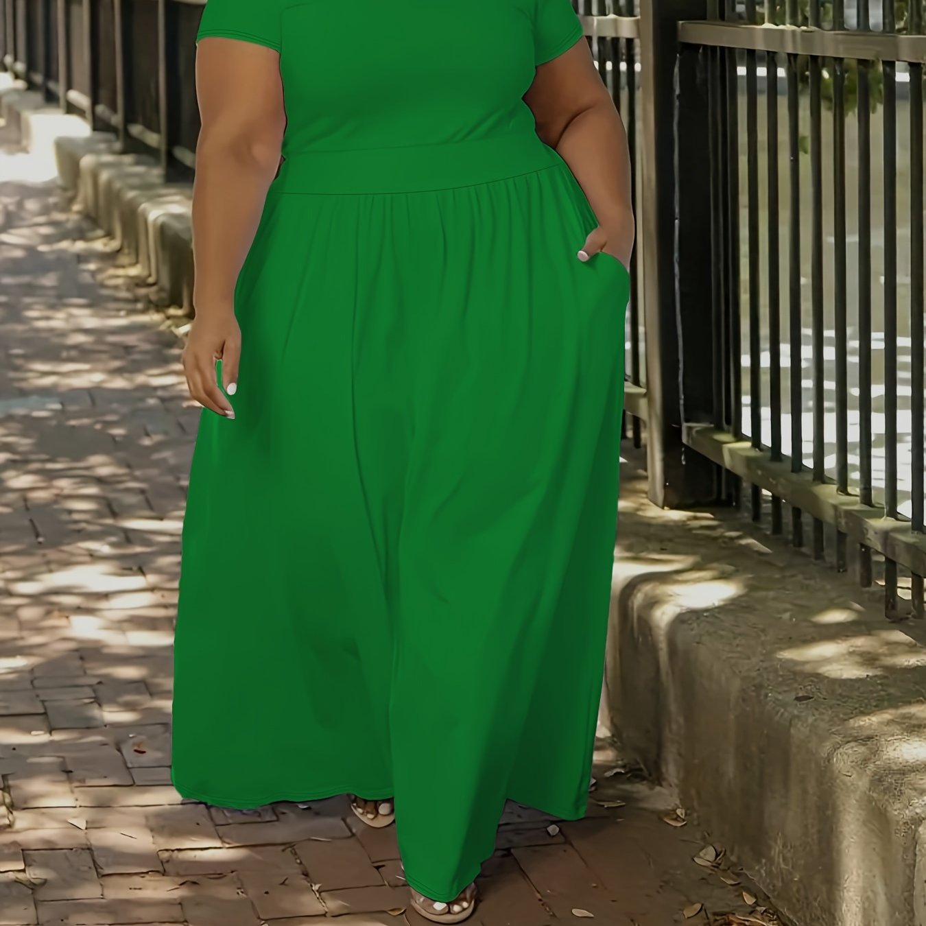 Plus Size Solid Short Sleeve Maxi Dress, Women's Plus Medium Stretch Elegant Long Dress