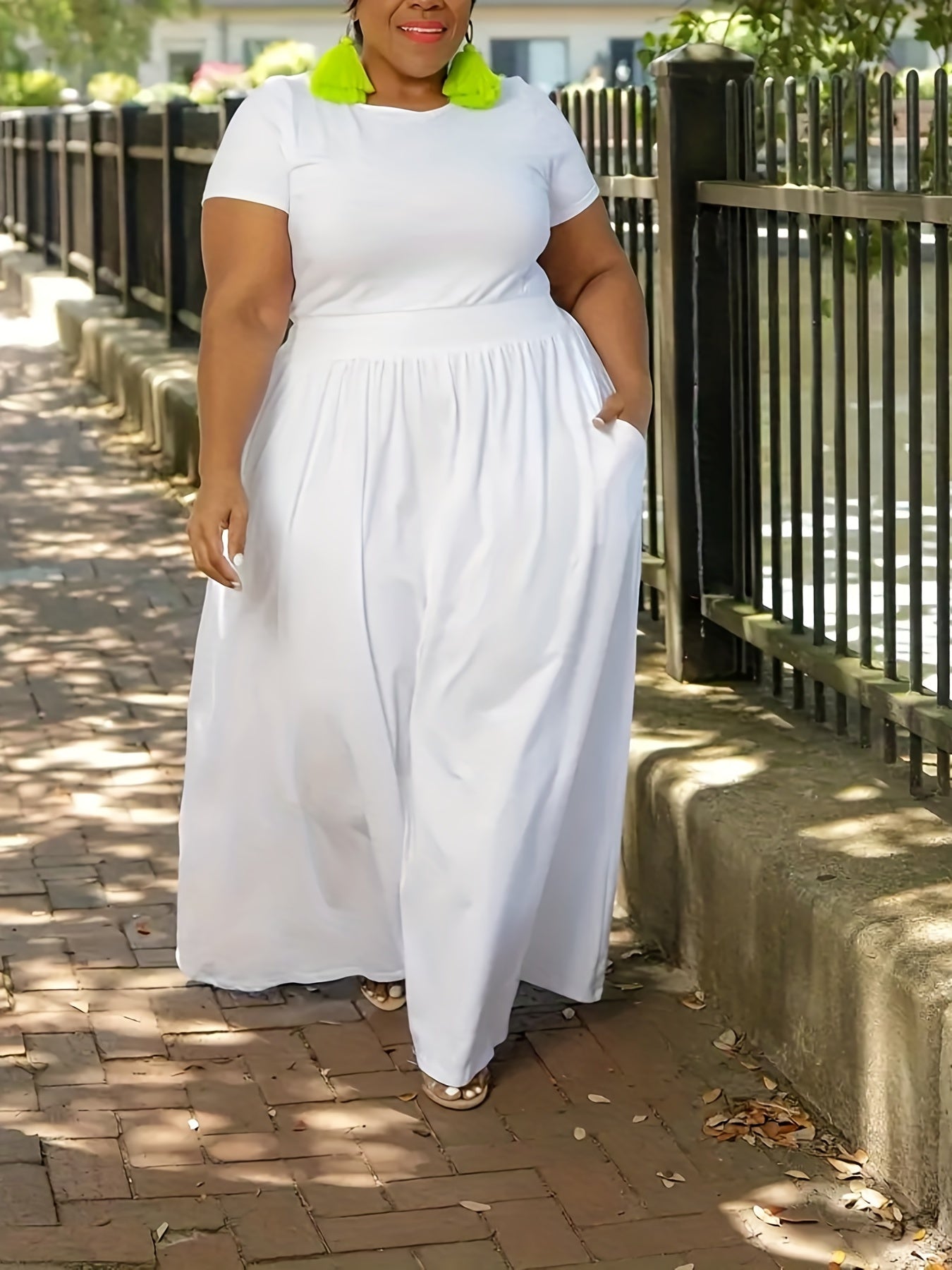 Plus Size Solid Short Sleeve Maxi Dress, Women's Plus Medium Stretch Elegant Long Dress