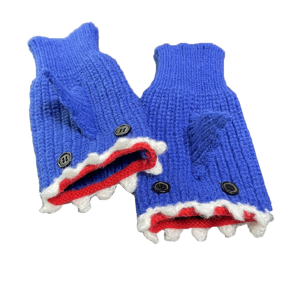 1pair Funny Handmade Shark Gloves - Wool Winter Warm Half-finger Gloves for Christmas Gifts for stocking stuffers