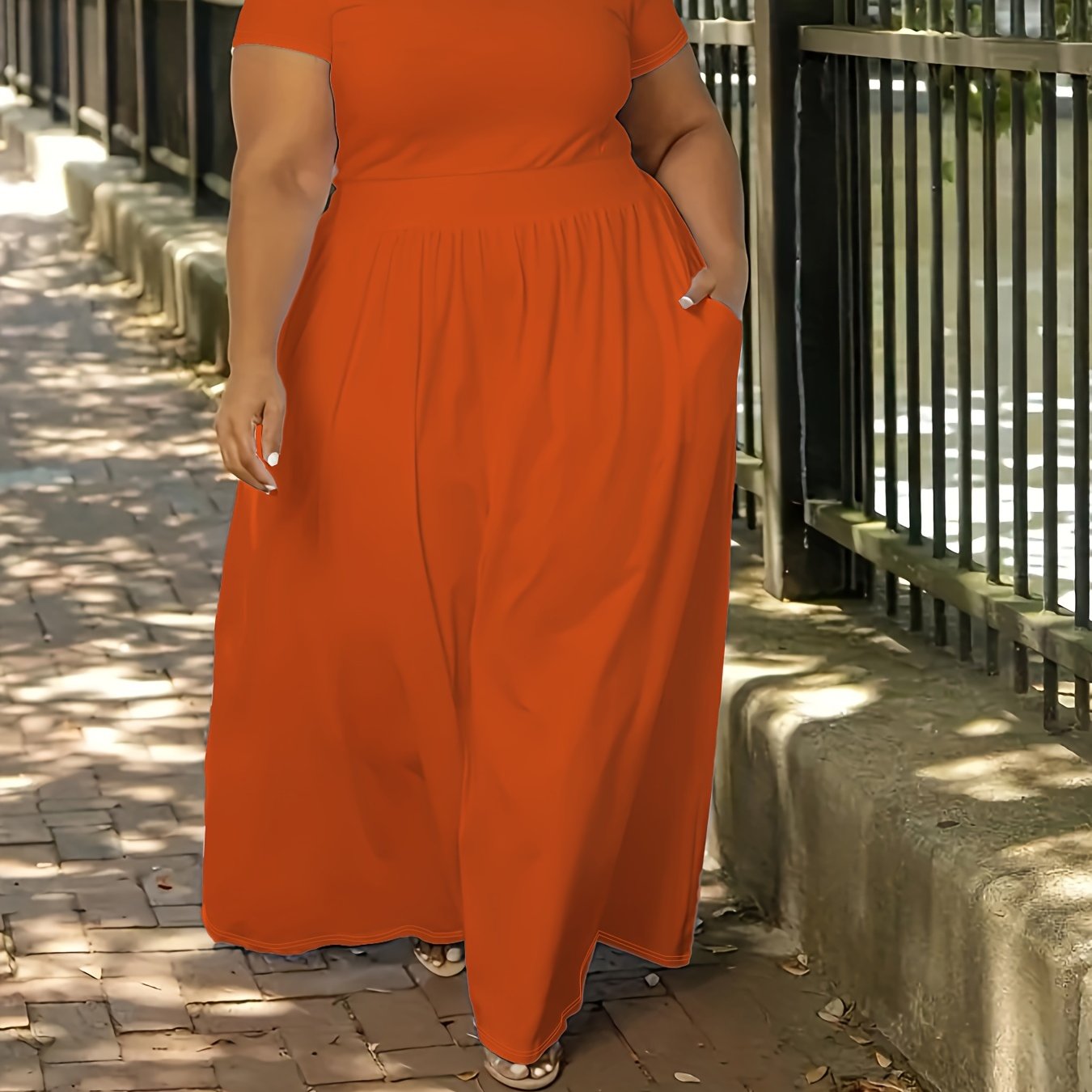 Plus Size Solid Short Sleeve Maxi Dress, Women's Plus Medium Stretch Elegant Long Dress