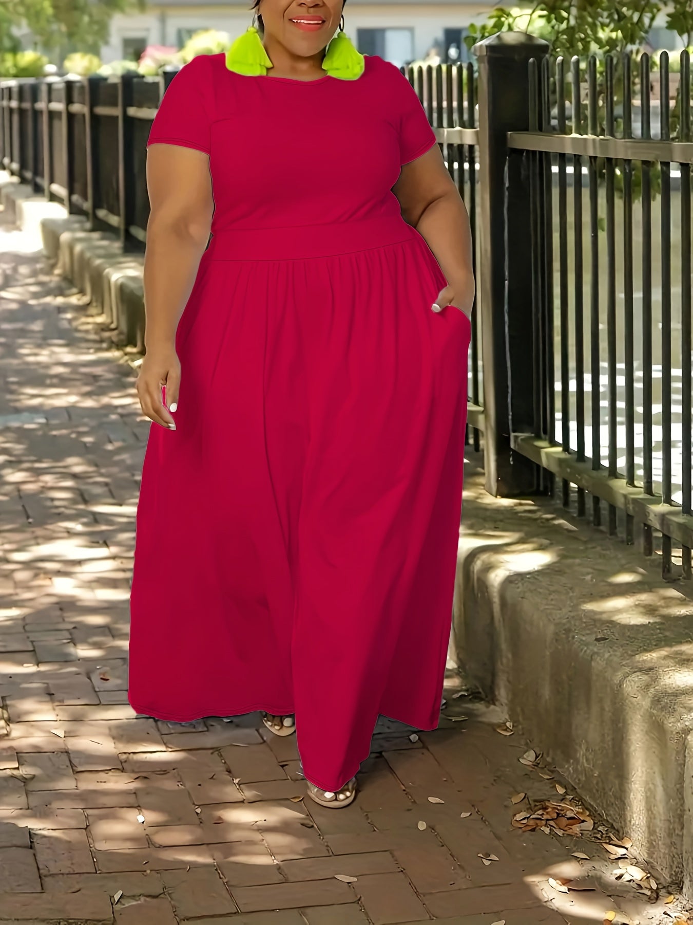 Plus Size Solid Short Sleeve Maxi Dress, Women's Plus Medium Stretch Elegant Long Dress