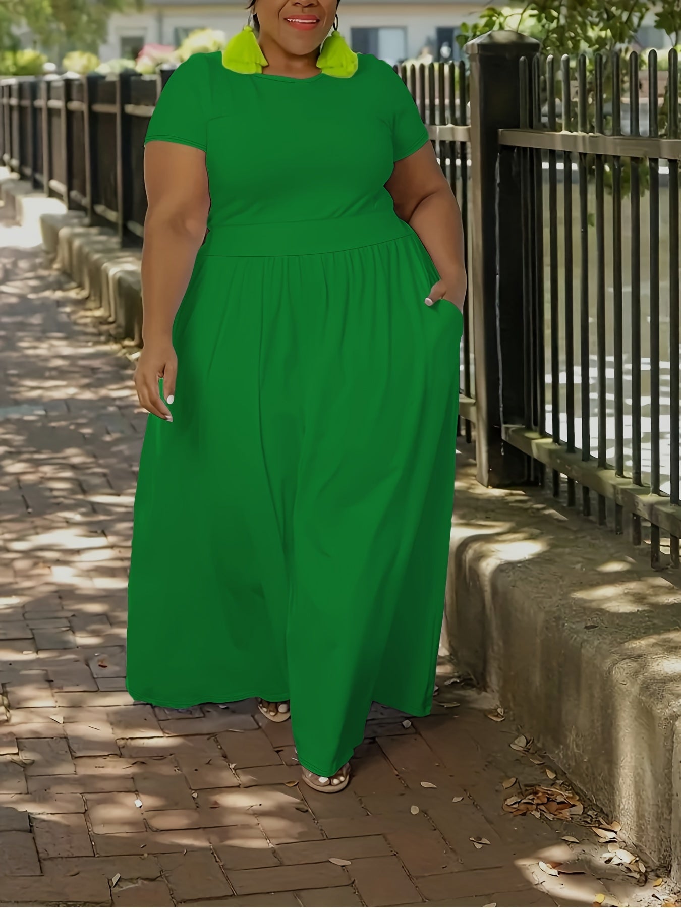 Plus Size Solid Short Sleeve Maxi Dress, Women's Plus Medium Stretch Elegant Long Dress