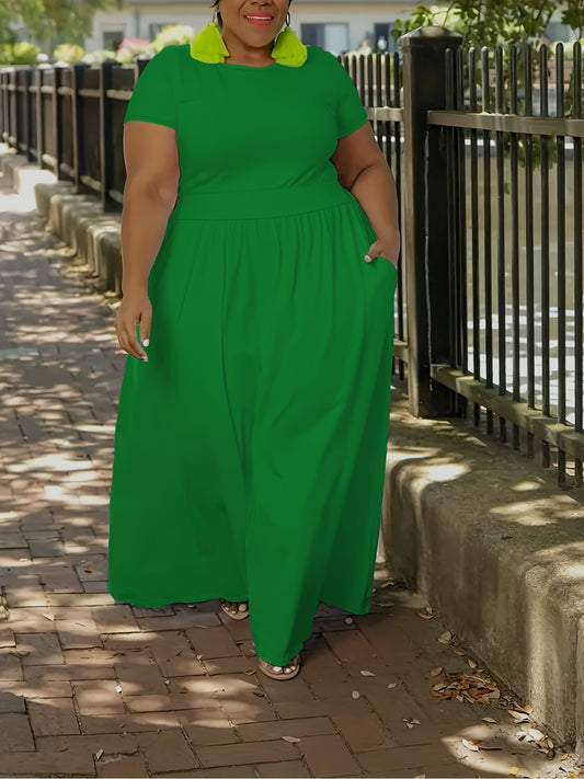 Plus Size Solid Short Sleeve Maxi Dress, Women's Plus Medium Stretch Elegant Long Dress