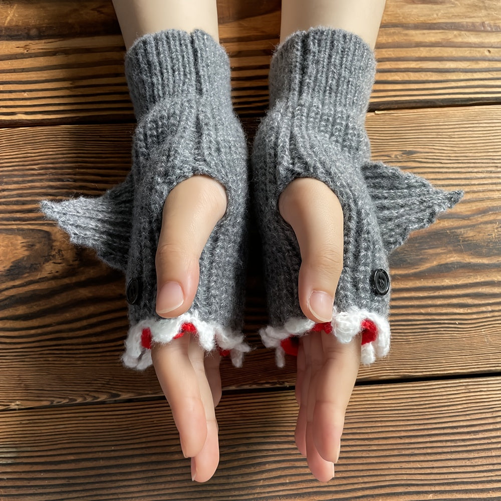1pair Funny Handmade Shark Gloves - Wool Winter Warm Half-finger Gloves for Christmas Gifts for stocking stuffers