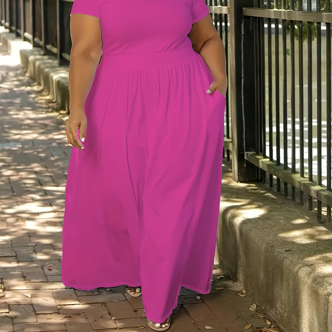 Plus Size Solid Short Sleeve Maxi Dress, Women's Plus Medium Stretch Elegant Long Dress