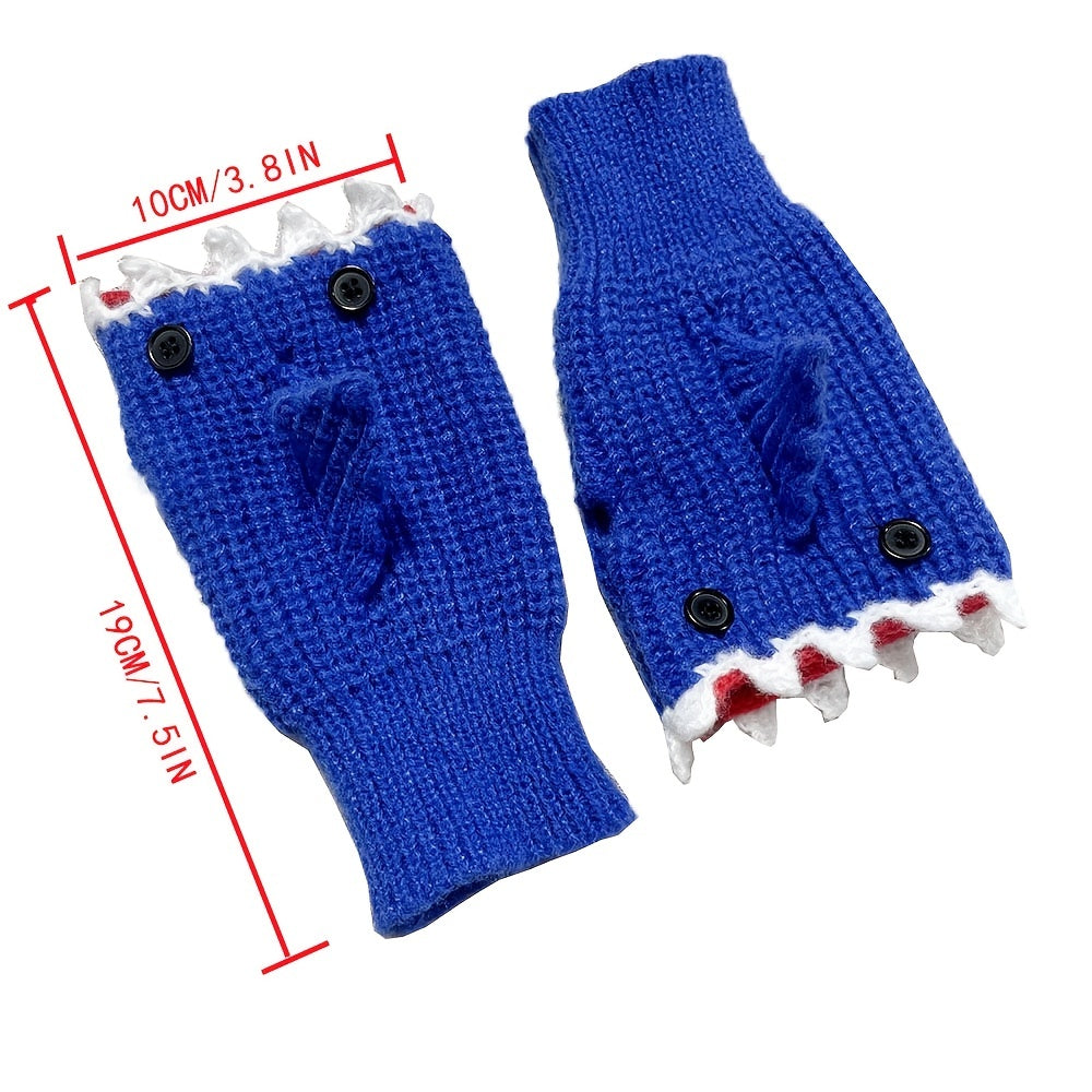 1pair Funny Handmade Shark Gloves - Wool Winter Warm Half-finger Gloves for Christmas Gifts for stocking stuffers