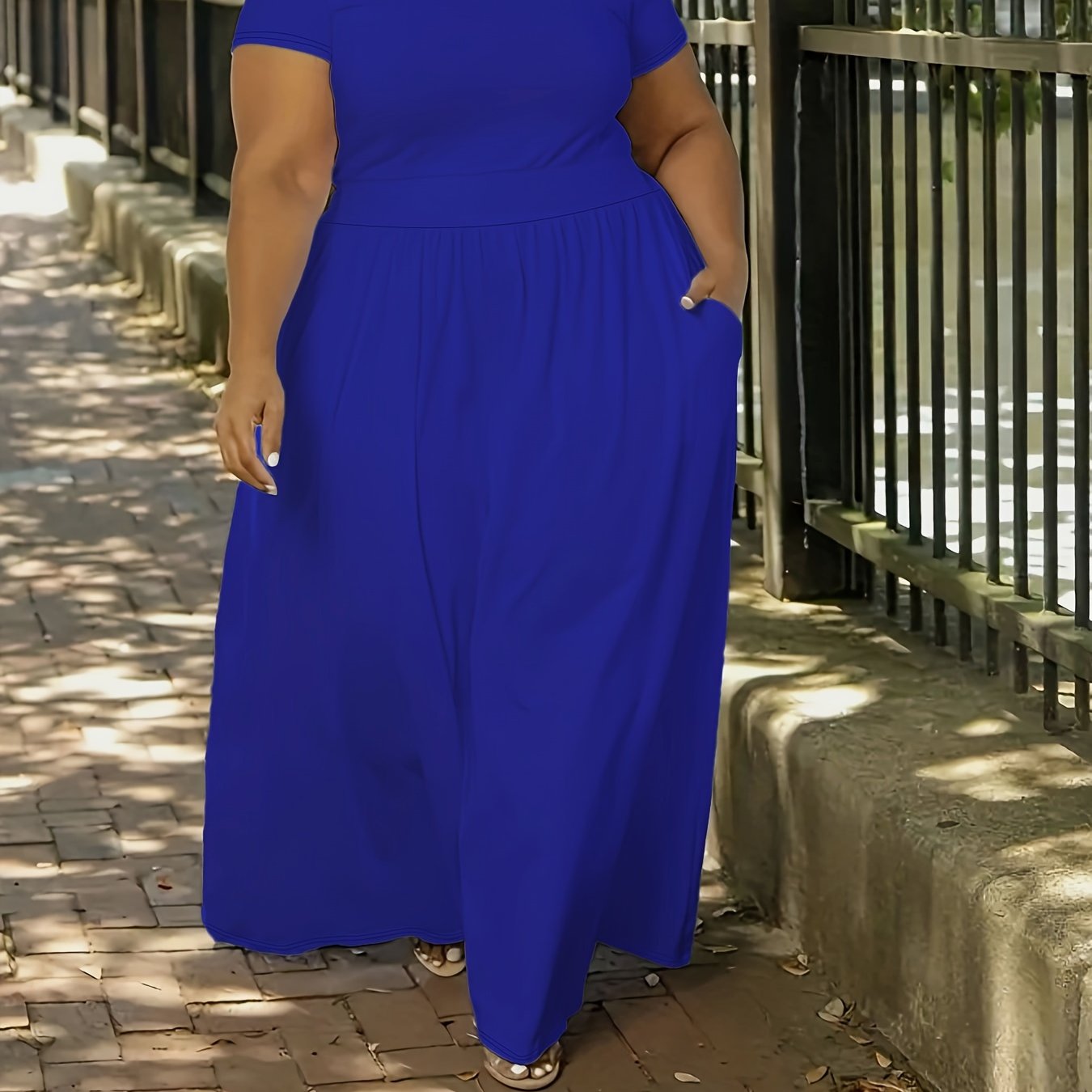 Plus Size Solid Short Sleeve Maxi Dress, Women's Plus Medium Stretch Elegant Long Dress