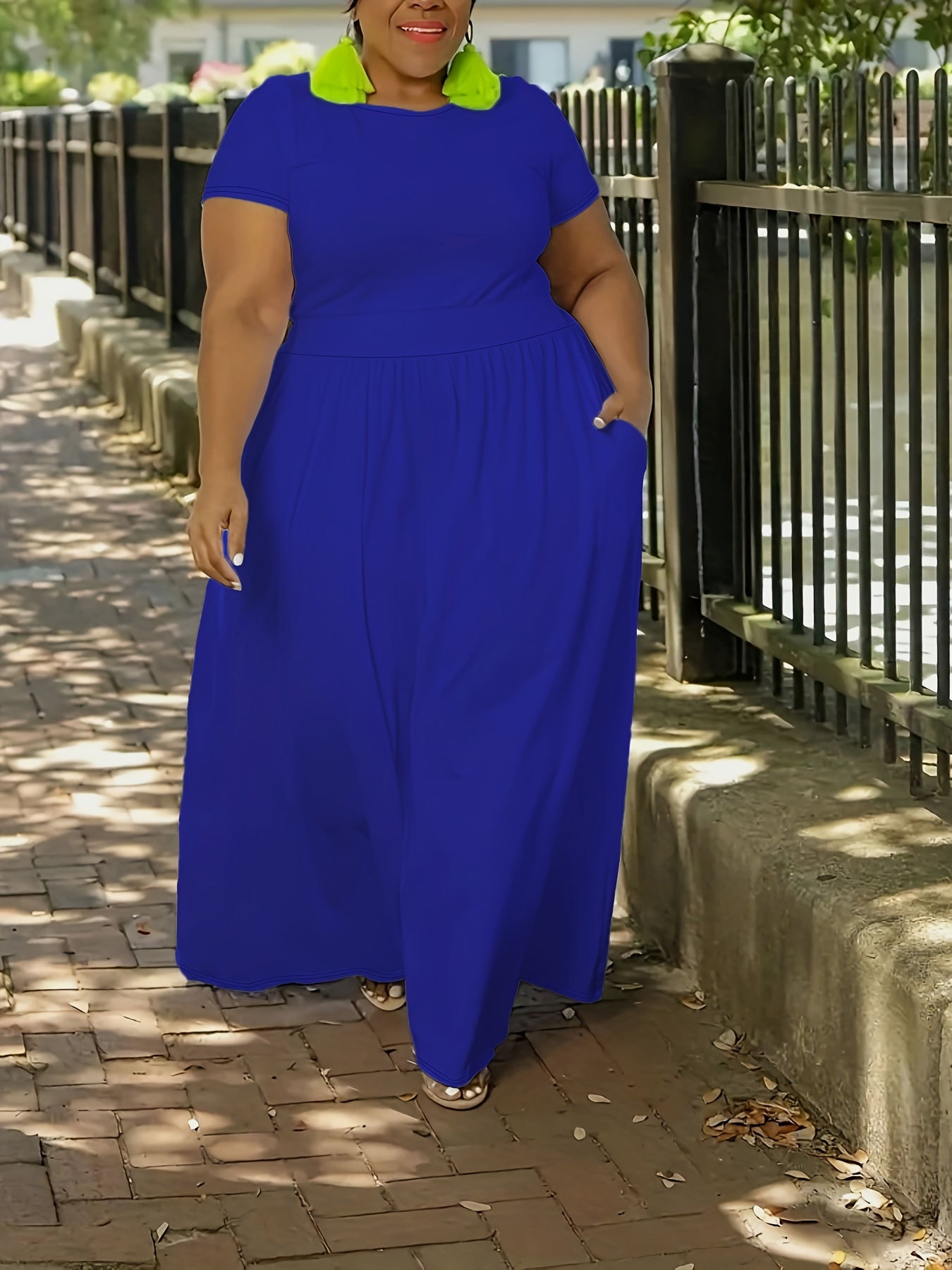 Plus Size Solid Short Sleeve Maxi Dress, Women's Plus Medium Stretch Elegant Long Dress