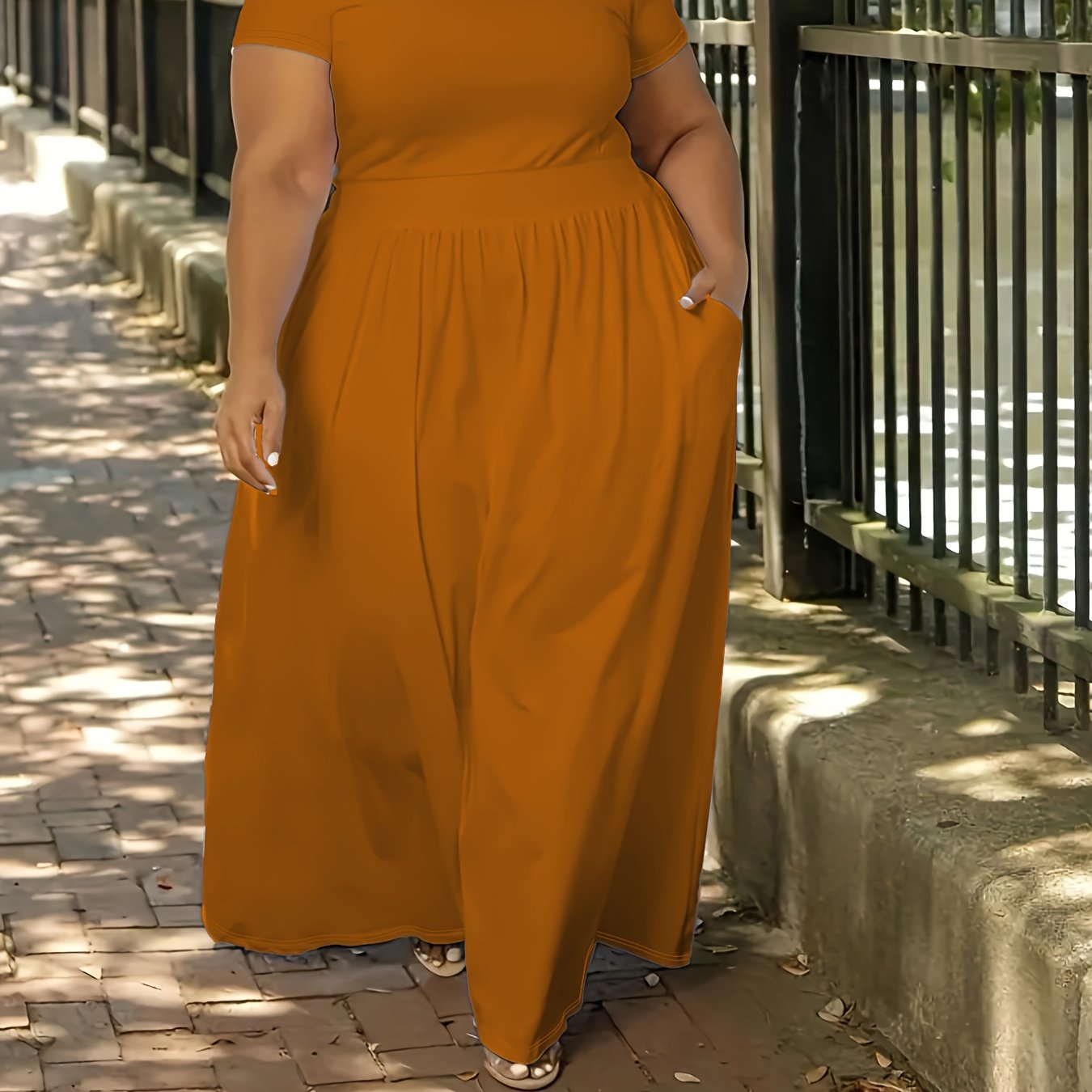 Plus Size Solid Short Sleeve Maxi Dress, Women's Plus Medium Stretch Elegant Long Dress