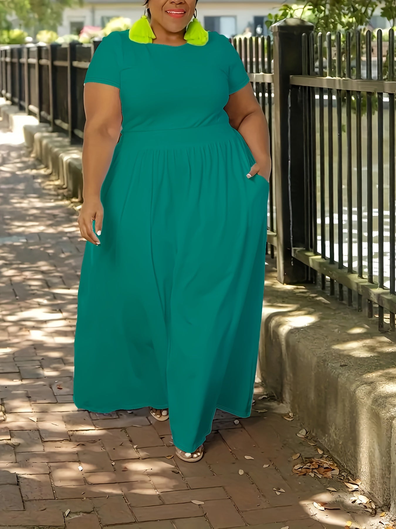 Plus Size Solid Short Sleeve Maxi Dress, Women's Plus Medium Stretch Elegant Long Dress