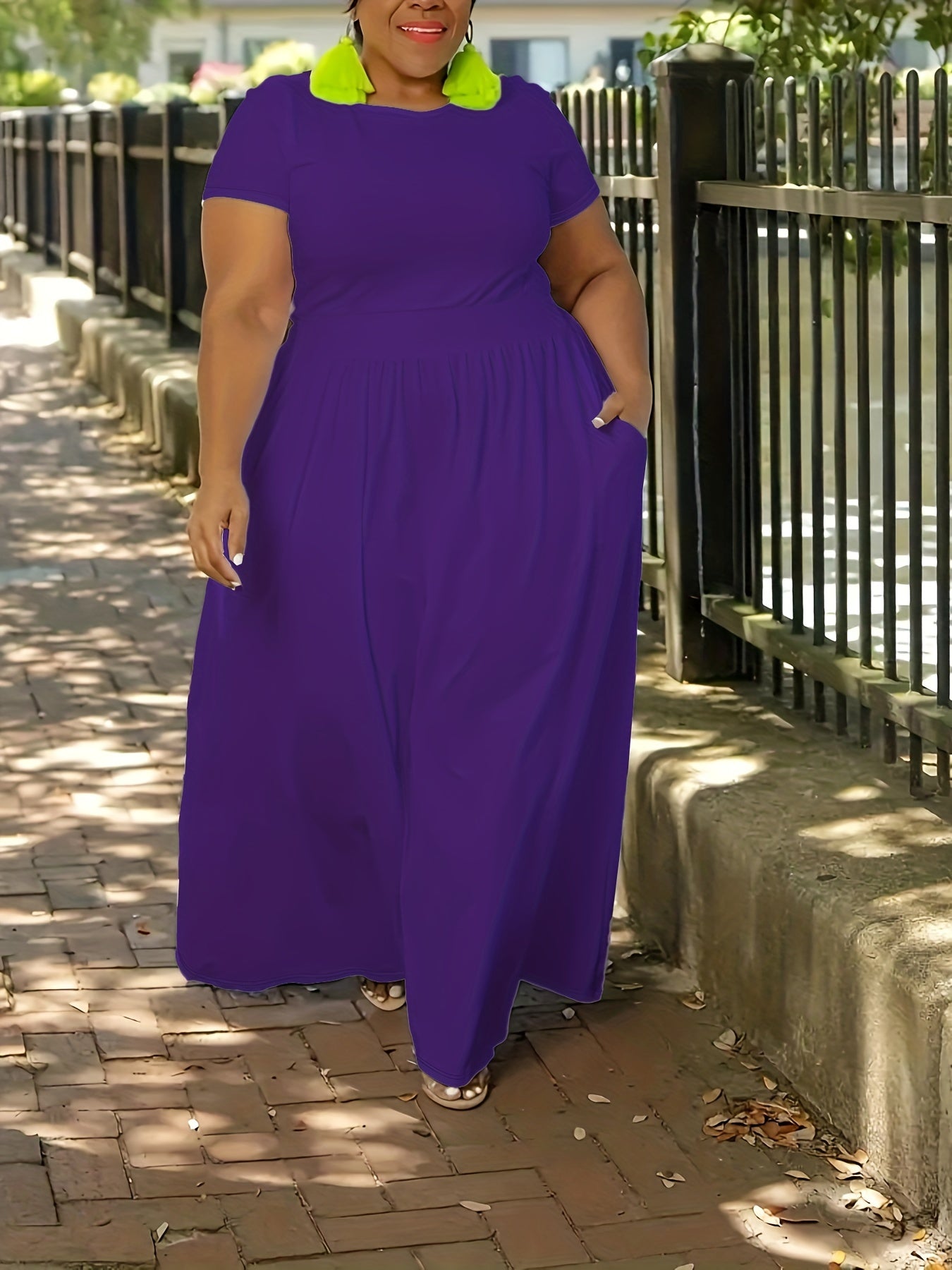 Plus Size Solid Short Sleeve Maxi Dress, Women's Plus Medium Stretch Elegant Long Dress