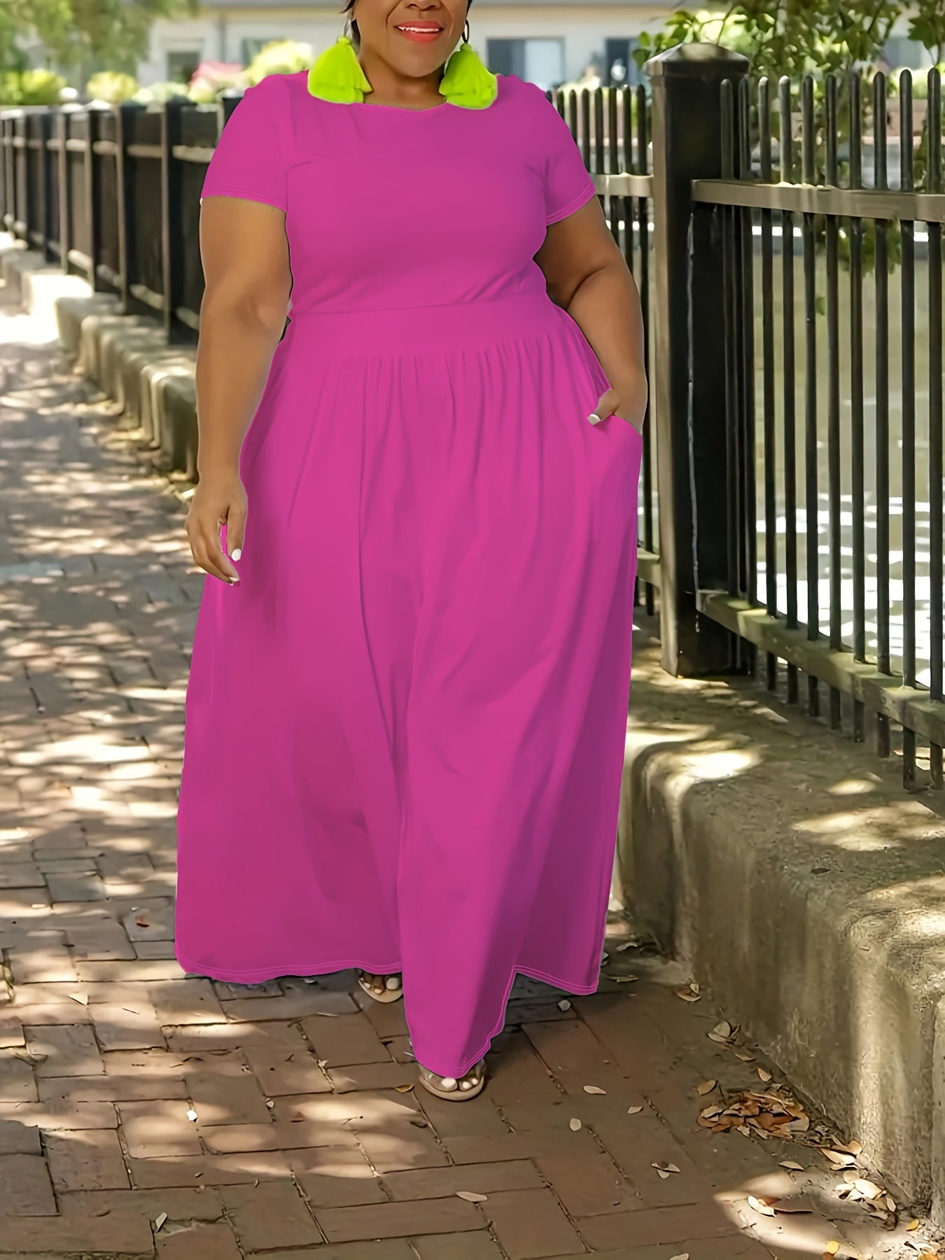 Plus Size Solid Short Sleeve Maxi Dress, Women's Plus Medium Stretch Elegant Long Dress