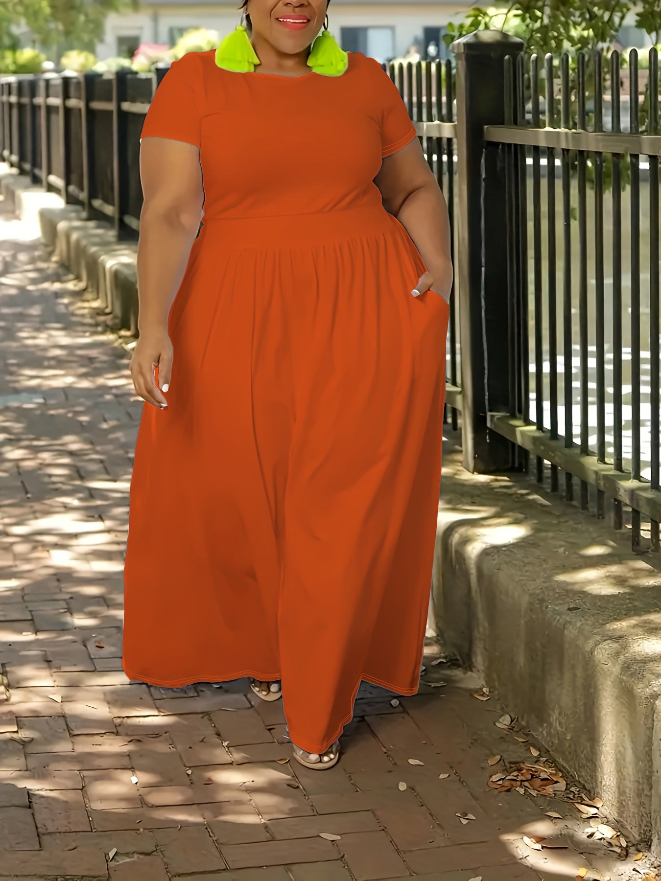 Plus Size Solid Short Sleeve Maxi Dress, Women's Plus Medium Stretch Elegant Long Dress