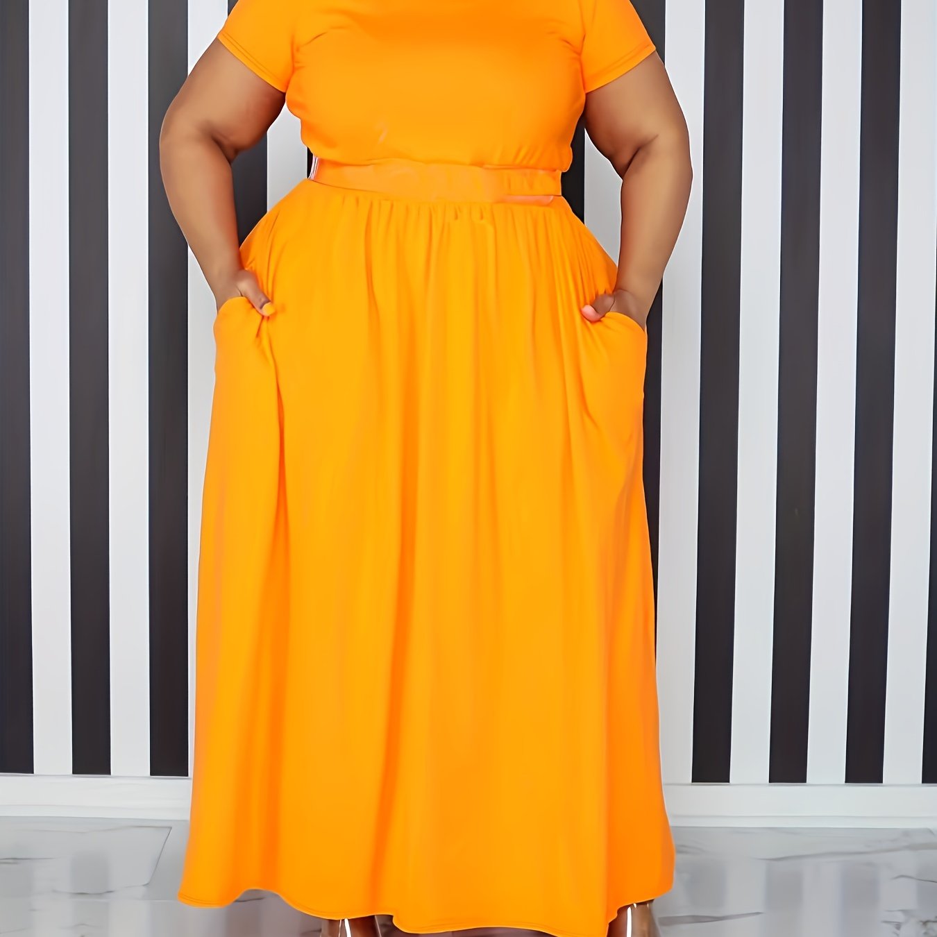 Plus Size Solid Short Sleeve Maxi Dress, Women's Plus Medium Stretch Elegant Long Dress