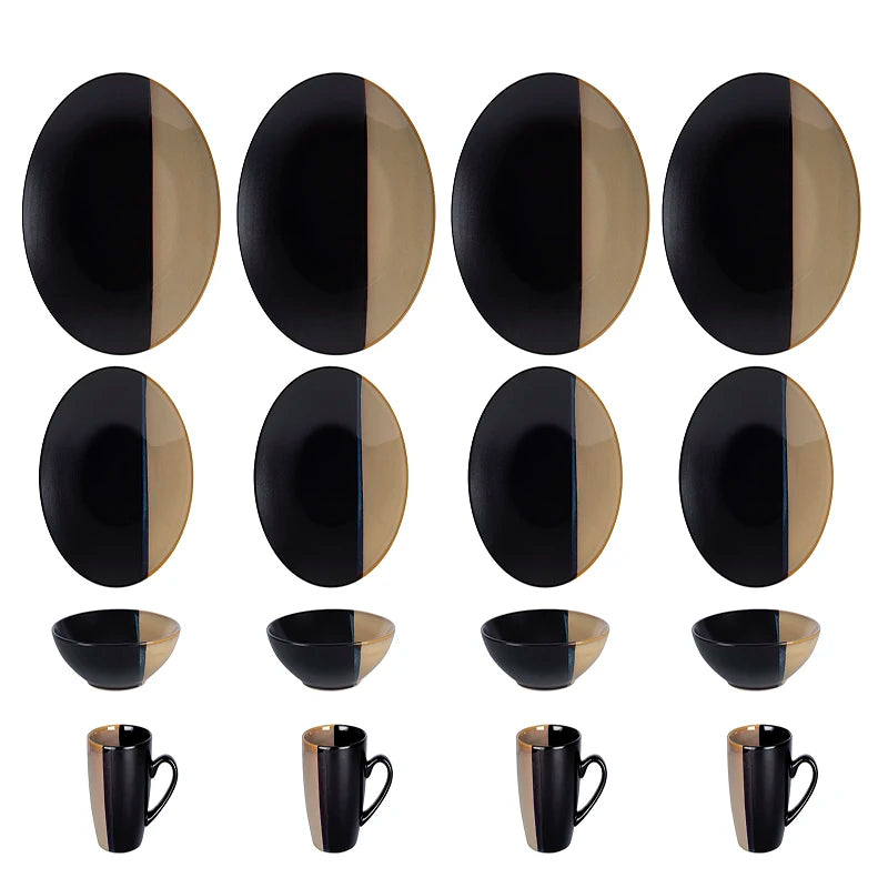 Best Selling Nordic Black and Gold Edge Creative Western Family Gathering Supplies Ceramic Soup Bowls Plates and Cutlery Sets