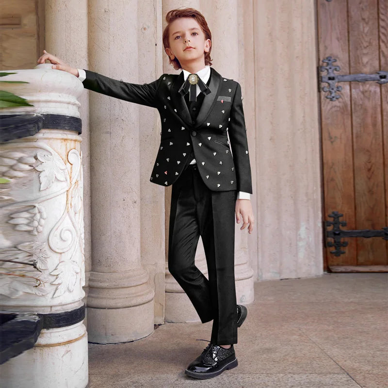 Top Grade Hand Embroidery Children Clothing Show Boy's Suits Black Decoration Kids Clothing
