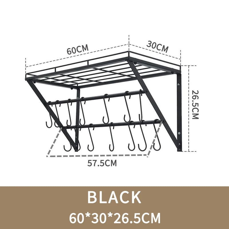 Iron Wall Mount Kitchenware Storage Rack 2 Tier Hanging Metal Grid 14 Hooks Pot Shelf Utensil Integration Organizer Holders Set