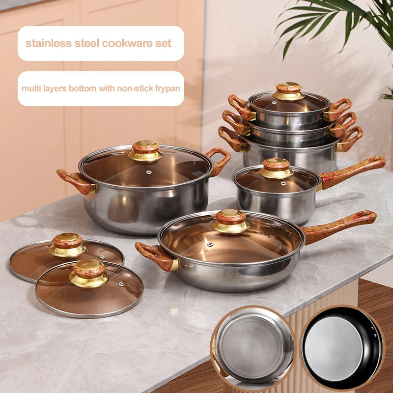 12pcs Thickening Cooking Pot Kitchenware Stainless Steel Casserole Cookware Set Cooking Pot and Pans Set with Wood Grain