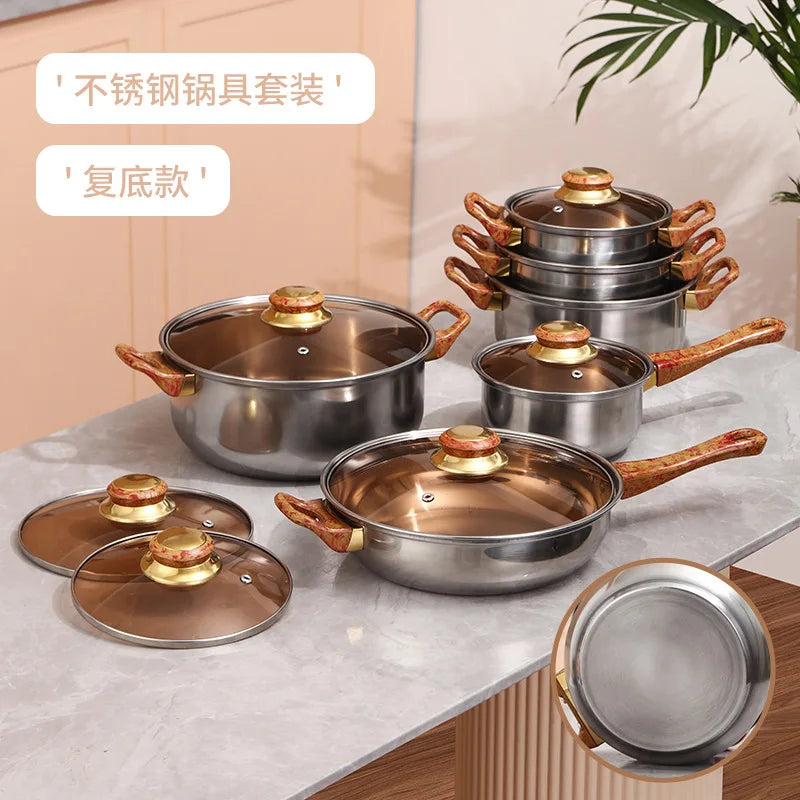 12pcs Thickening Cooking Pot Kitchenware Stainless Steel Casserole Cookware Set Cooking Pot and Pans Set with Wood Grain