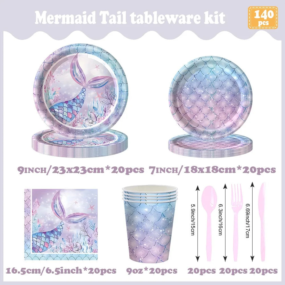 Mermaid 10pcs/set 7 Inch 9 Inch Plates Happy Birthday Party Disposable Tableware Set Forks Knives Spoons Cups for Party Supplies