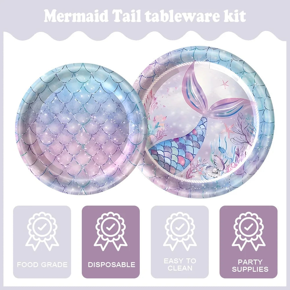 Mermaid 10pcs/set 7 Inch 9 Inch Plates Happy Birthday Party Disposable Tableware Set Forks Knives Spoons Cups for Party Supplies