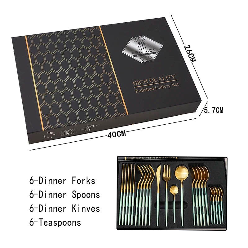 Kitchenware 24 Pcs Creative Western Silver Gold Portugal Steak Spork Knife Tableware Set 430 Stainless Steel Cutlery Set