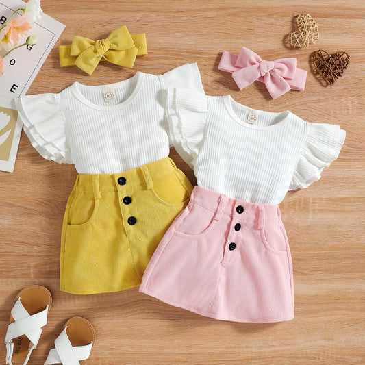 Kids Clothing Summer Baby Girls Clothes T-shirt+skirt+hairband 3pcs Outfit Fashion Suit Casual Children's Clothing Sets