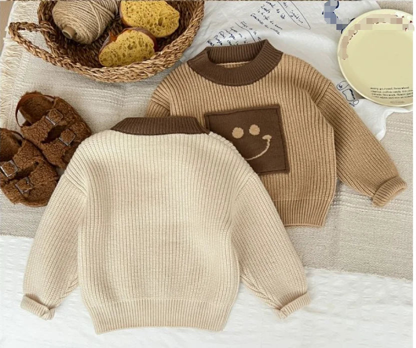 In Stock 80cm-130cm Classic Crew Neck Smile Kids Clothing Solid Baby Girl Pullover Sweater