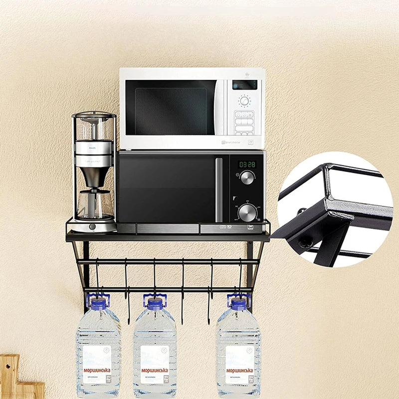 Iron Wall Mount Kitchenware Storage Rack 2 Tier Hanging Metal Grid 14 Hooks Pot Shelf Utensil Integration Organizer Holders Set