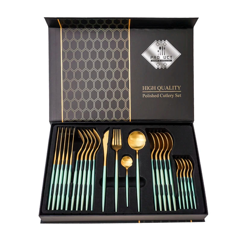 Kitchenware 24 Pcs Creative Western Silver Gold Portugal Steak Spork Knife Tableware Set 430 Stainless Steel Cutlery Set