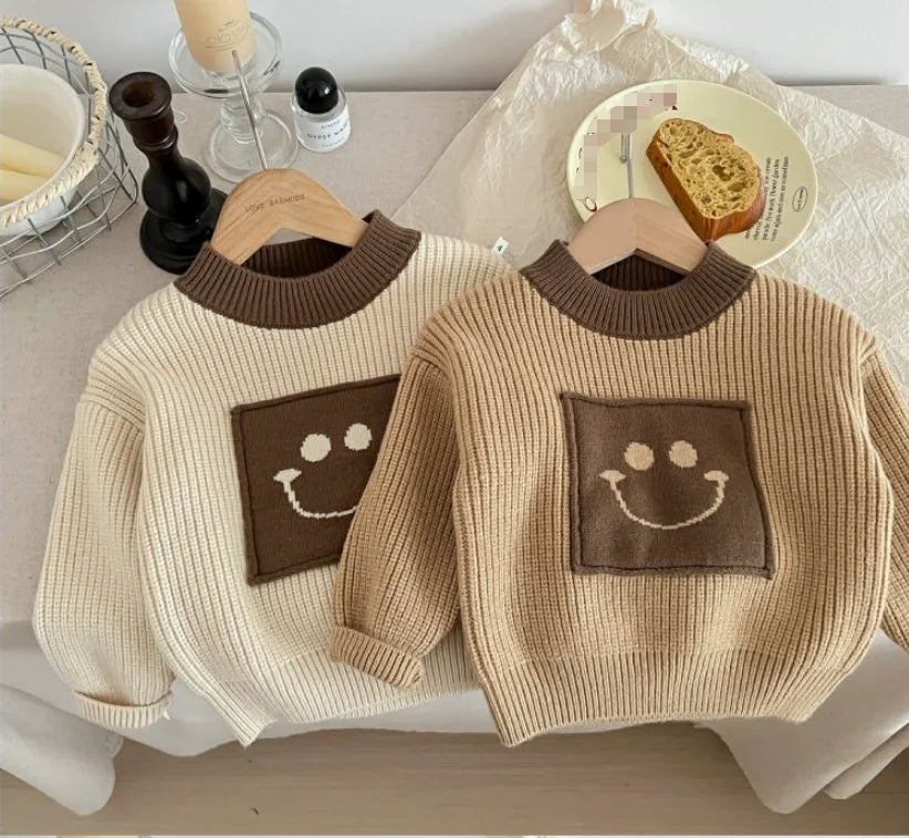 In Stock 80cm-130cm Classic Crew Neck Smile Kids Clothing Solid Baby Girl Pullover Sweater