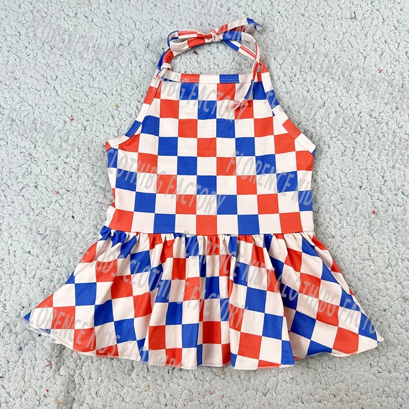 DH ODM Wholesale 4th of July Checkered Bamboo Halter Peplum Biker Shorts Two Piece Outfit Girl Kids Clothing Sets