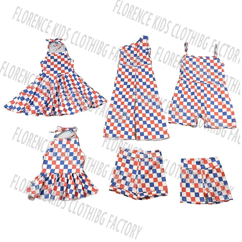DH ODM Wholesale 4th of July Checkered Bamboo Halter Peplum Biker Shorts Two Piece Outfit Girl Kids Clothing Sets