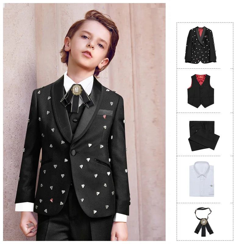 Top Grade Hand Embroidery Children Clothing Show Boy's Suits Black Decoration Kids Clothing