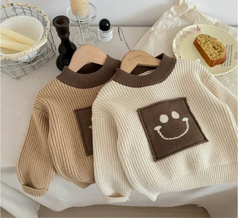 In Stock 80cm-130cm Classic Crew Neck Smile Kids Clothing Solid Baby Girl Pullover Sweater