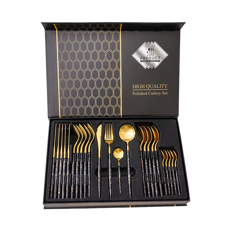 Kitchenware 24 Pcs Creative Western Silver Gold Portugal Steak Spork Knife Tableware Set 430 Stainless Steel Cutlery Set