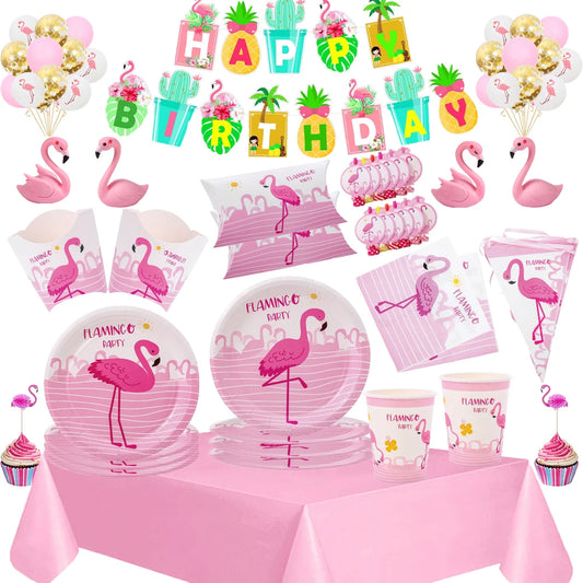 New Flamingo Party Tableware Hawaiian Party Supplies Disposable Party Tableware Cups Plate Paper Tablecloth Baby Shower Supplies