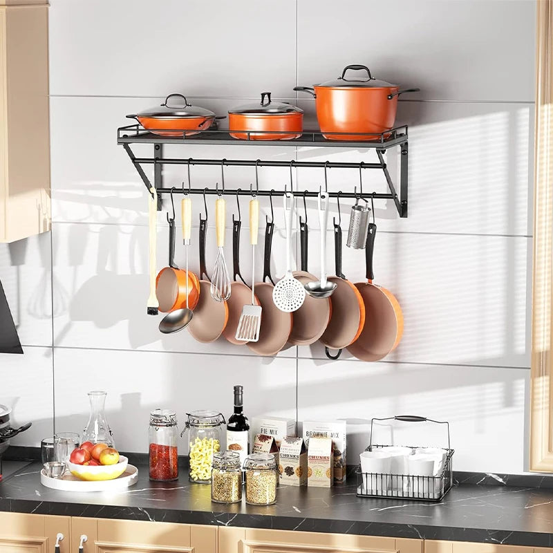 Iron Wall Mount Kitchenware Storage Rack 2 Tier Hanging Metal Grid 14 Hooks Pot Shelf Utensil Integration Organizer Holders Set