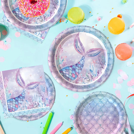 Mermaid 10pcs/set 7 Inch 9 Inch Plates Happy Birthday Party Disposable Tableware Set Forks Knives Spoons Cups for Party Supplies