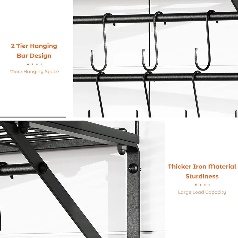 Iron Wall Mount Kitchenware Storage Rack 2 Tier Hanging Metal Grid 14 Hooks Pot Shelf Utensil Integration Organizer Holders Set
