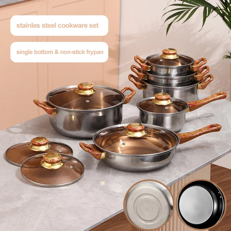 12pcs Thickening Cooking Pot Kitchenware Stainless Steel Casserole Cookware Set Cooking Pot and Pans Set with Wood Grain