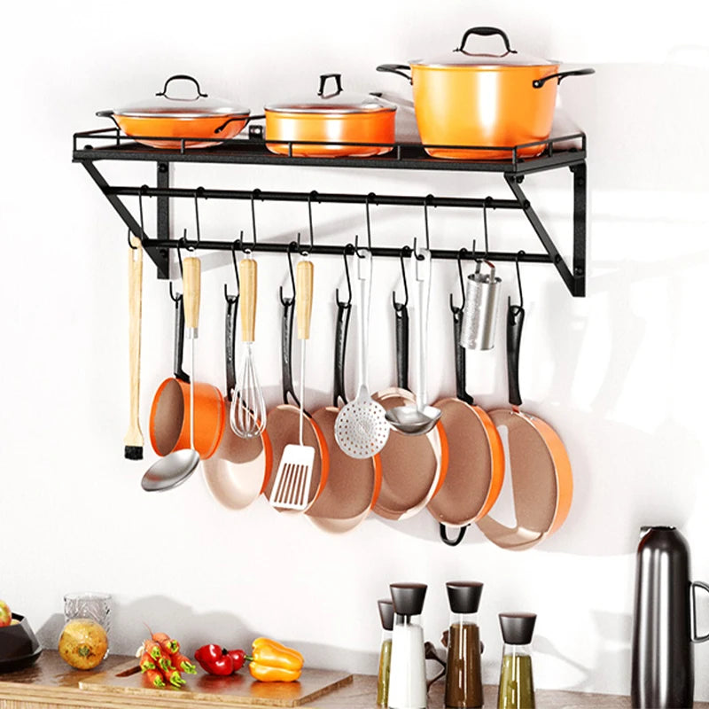 Iron Wall Mount Kitchenware Storage Rack 2 Tier Hanging Metal Grid 14 Hooks Pot Shelf Utensil Integration Organizer Holders Set