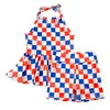DH ODM Wholesale 4th of July Checkered Bamboo Halter Peplum Biker Shorts Two Piece Outfit Girl Kids Clothing Sets