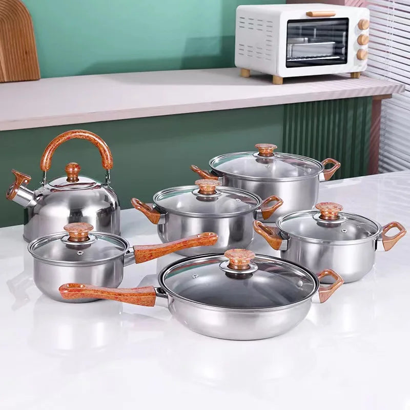 12pcs Thickening Cooking Pot Kitchenware Stainless Steel Casserole Cookware Set Cooking Pot and Pans Set with Wood Grain