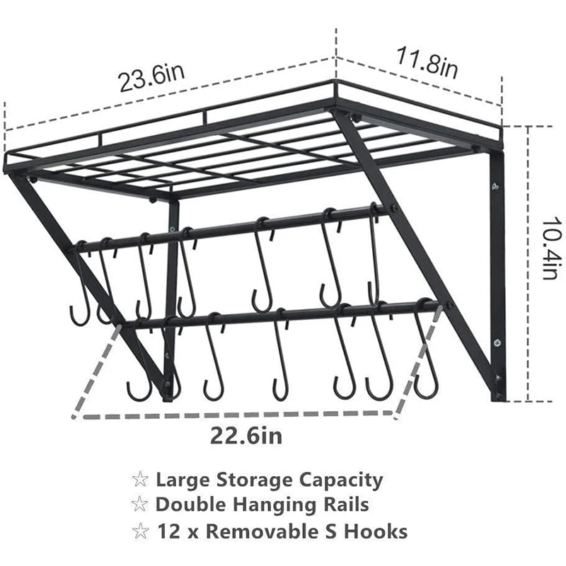 Iron Wall Mount Kitchenware Storage Rack 2 Tier Hanging Metal Grid 14 Hooks Pot Shelf Utensil Integration Organizer Holders Set