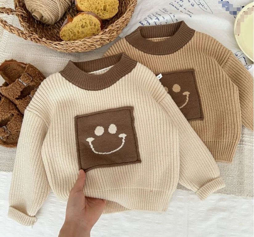 In Stock 80cm-130cm Classic Crew Neck Smile Kids Clothing Solid Baby Girl Pullover Sweater