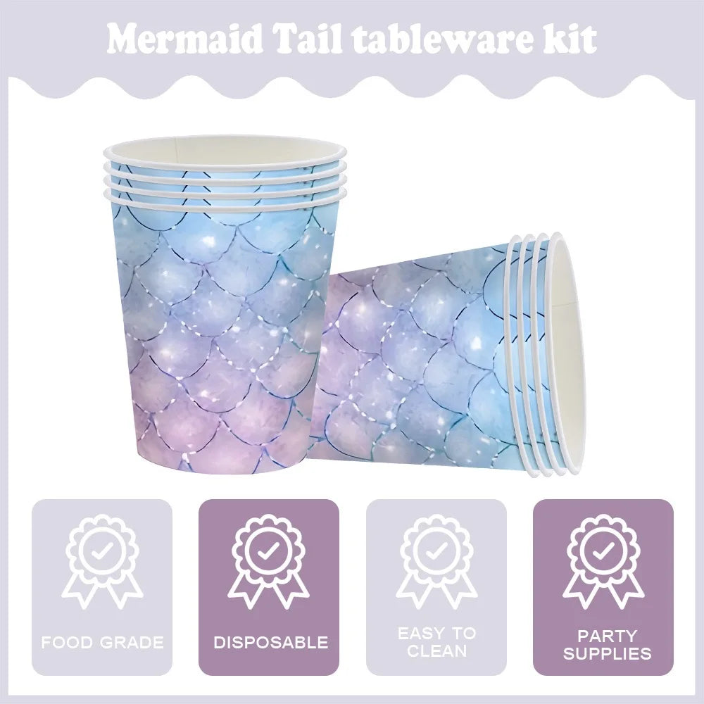 Mermaid 10pcs/set 7 Inch 9 Inch Plates Happy Birthday Party Disposable Tableware Set Forks Knives Spoons Cups for Party Supplies