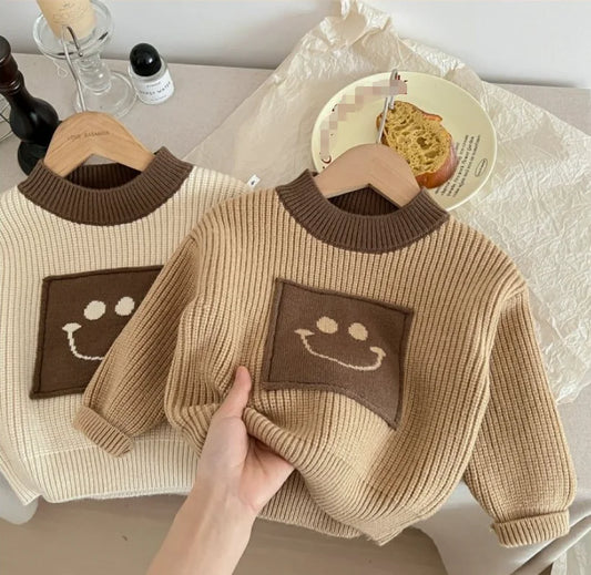 In Stock 80cm-130cm Classic Crew Neck Smile Kids Clothing Solid Baby Girl Pullover Sweater